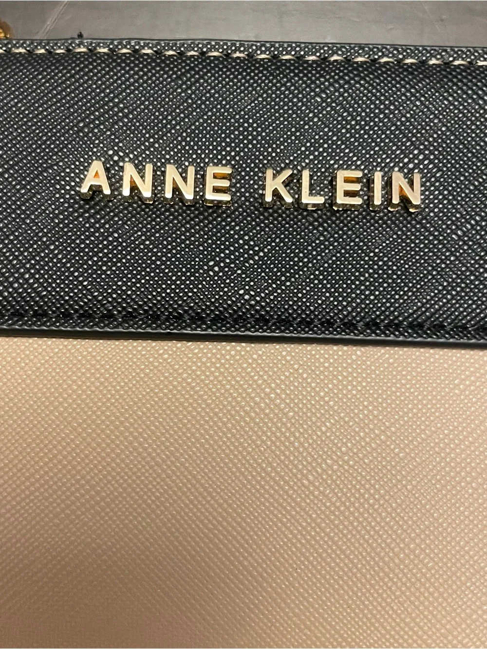 Anne Klein Bifold Wallet Women’s Color Block Tan Black Gold Letter Faux Leather